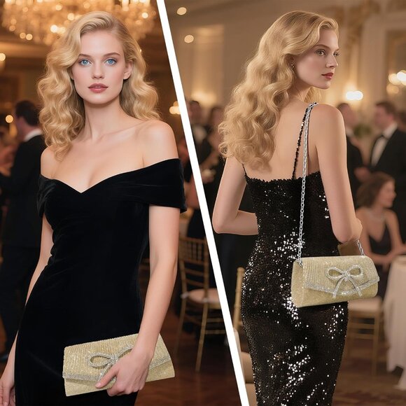 Gold Rhinestone Bow Evening Clutch Bag for Prom Wedding Formal Party - Picture 5 of 5